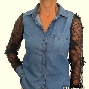 Blue Women’s Denim Shirt Black long sleeve Embroidered size Medium